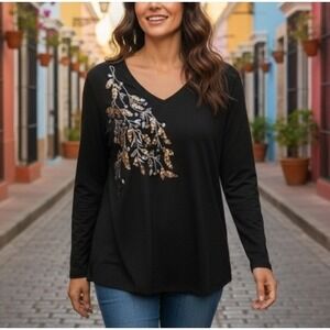 NEW Chicos Sequin‎ Floral Embroidered Top Casual Boho Artsy Black Large Size 2